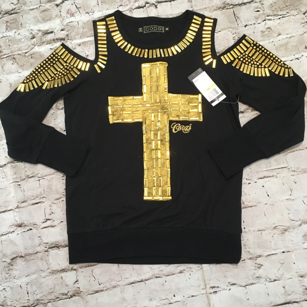NWT hard to find CooGi black/gold design cold shoulder long sleeve top M. - Picture 5 of 9
